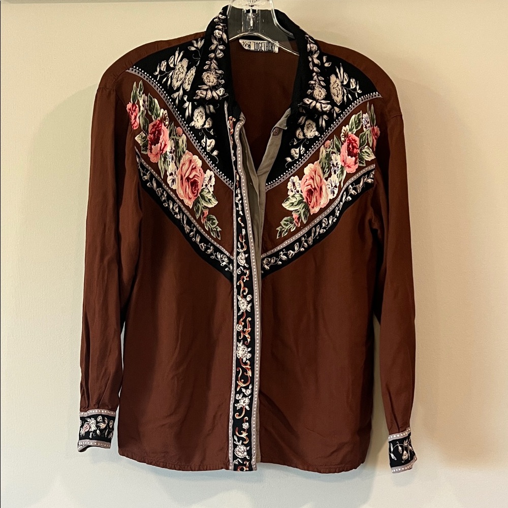 Together - 80s-90s, Brown Floral Western, button up blouse